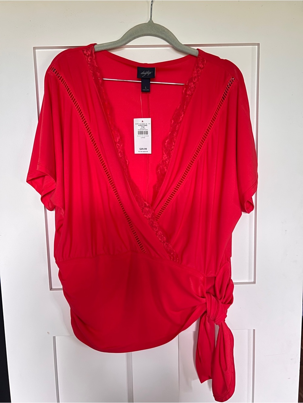 Daytrip Vibrant Coral Lace-Trim V-Neck Blouse
